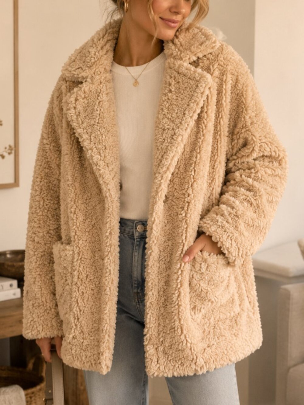Teddy Faux Fur Jacket Beige Notched Lapel L Patch Pockets Cozy Minimalist H&M